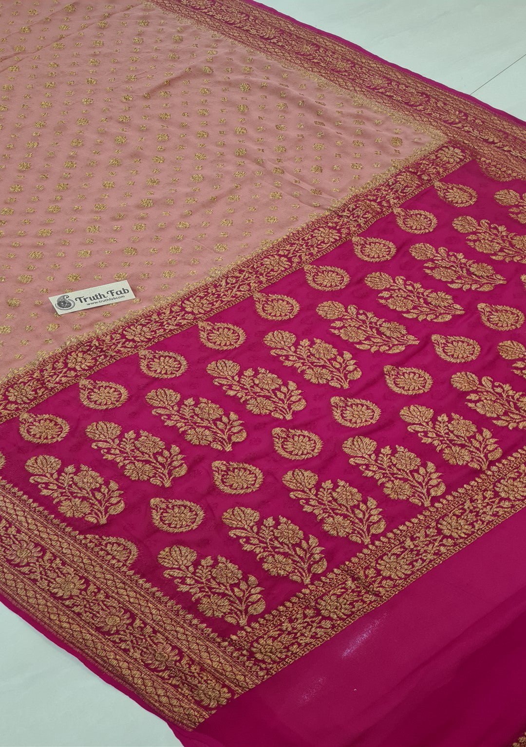 Onion Colour Pure Banarasi Handloom Khaddi Georgette Saree Antique Zari