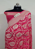 Bright Pink  Banarasi Handloom Khaddi Georgette Saree With Water Zari- Truth Fab