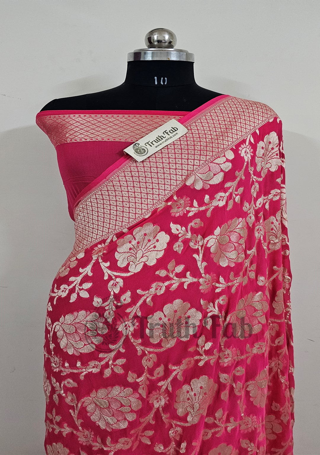 Bright Pink Pure Banarasi Handloom Khaddi Georgette Saree- Water Zari