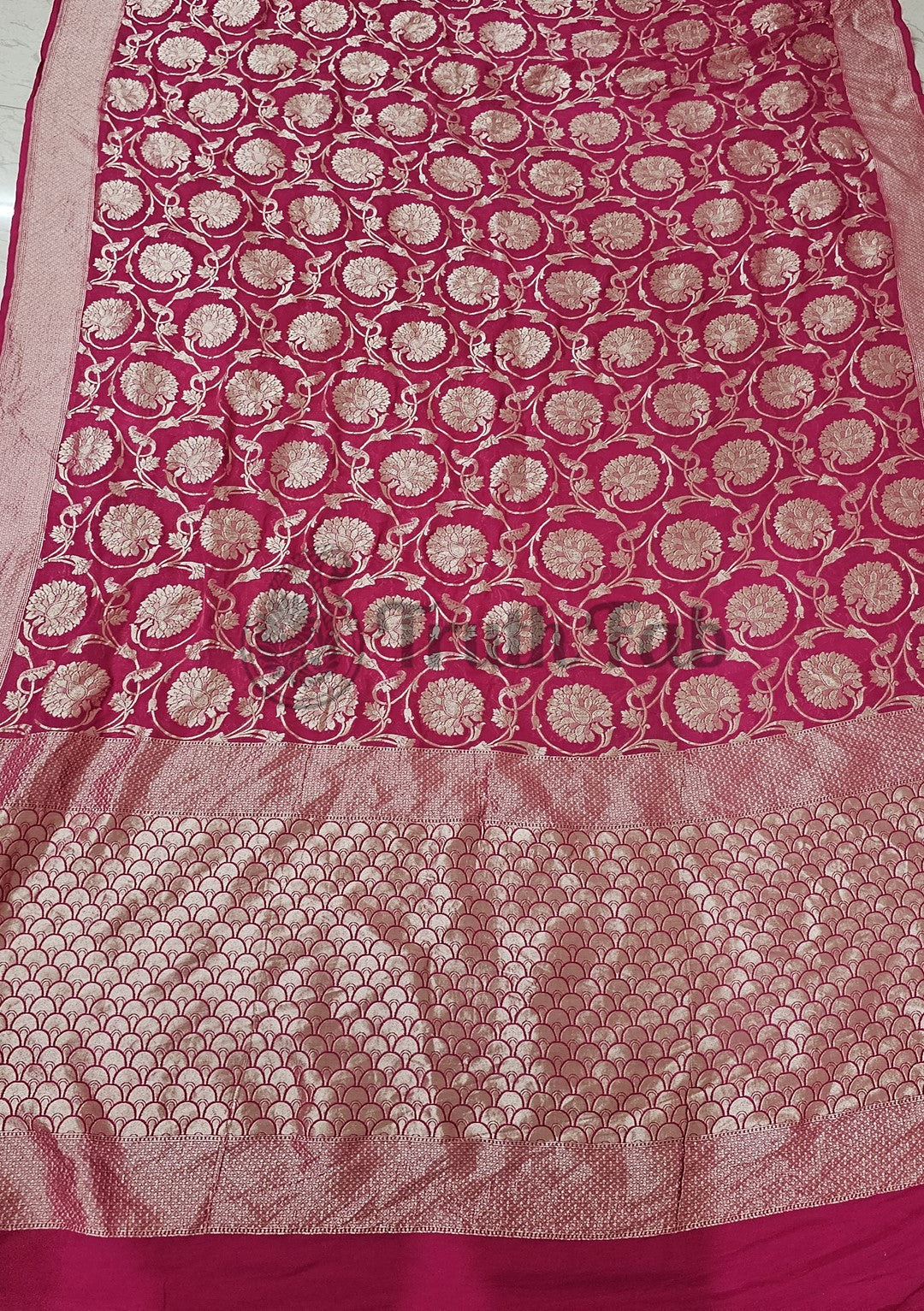 Magenta Pink Pure Banarasi Handloom Khaddi Georgette Saree- Water Zari