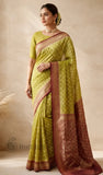 Olive Green Pure Banarasi Handloom Khaddi Georgette Saree- Water Zari