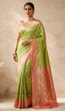 Parrot Green Pure Banarasi Handloom Khaddi Georgette Saree- Water Zari