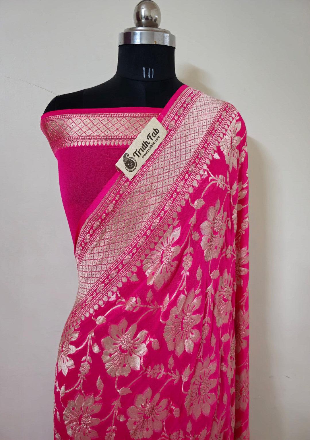 Hot Pink Pure Banarasi Handloom Khaddi Georgette Saree- Water Zari