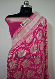 Hot Pink  Banarasi Handloom Khaddi Georgette Saree With Water Zari- Truth Fab