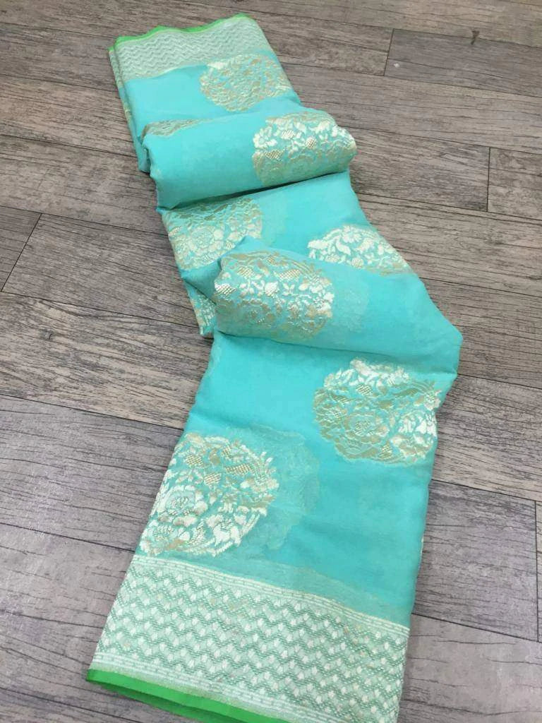 Water zari work khaddi handloom saree in sky blue color