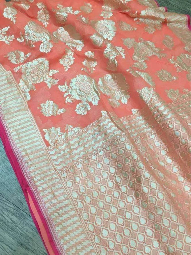 Water zari work khaddi handloom saree in peach color
