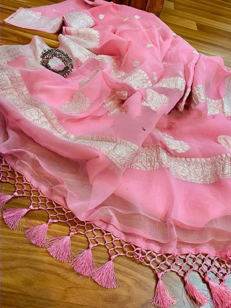 Baby pink Pure Banarasi Handloom Chiffon Saree