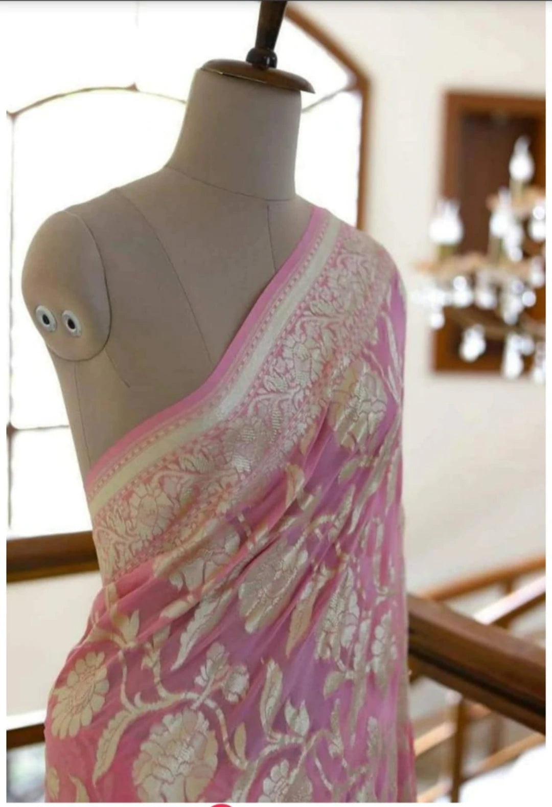 Water zari work khaddi banarasi saree in baby pink color