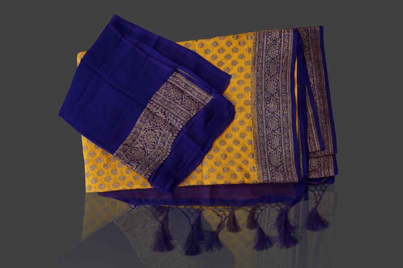 Antique zari work golden yellow color khaddi handloom banarasi saree