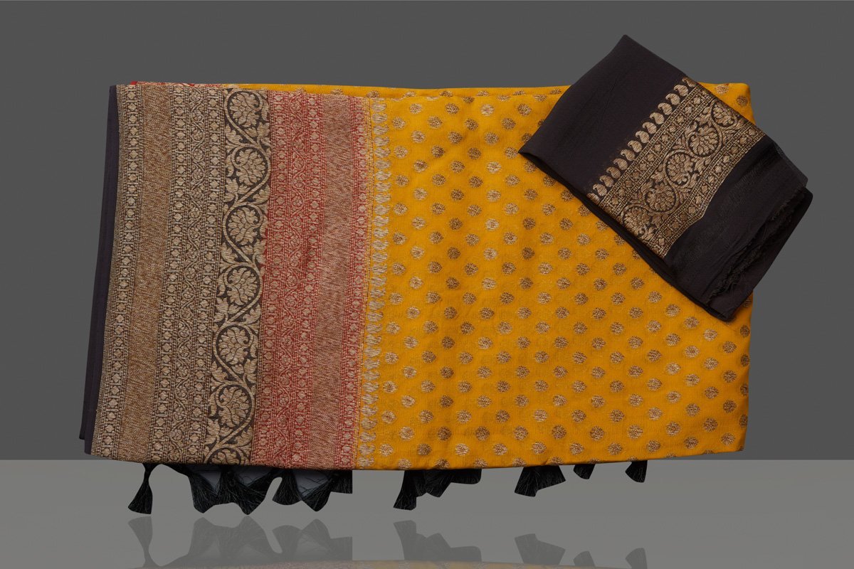 Golden georgette handloom banarasi saree with antique zari work