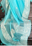 Turquoise Blue Pure Banarasi Handloom Chiffon Saree