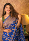 Handloom georgette khaddi antique zari work saree in royal blue color