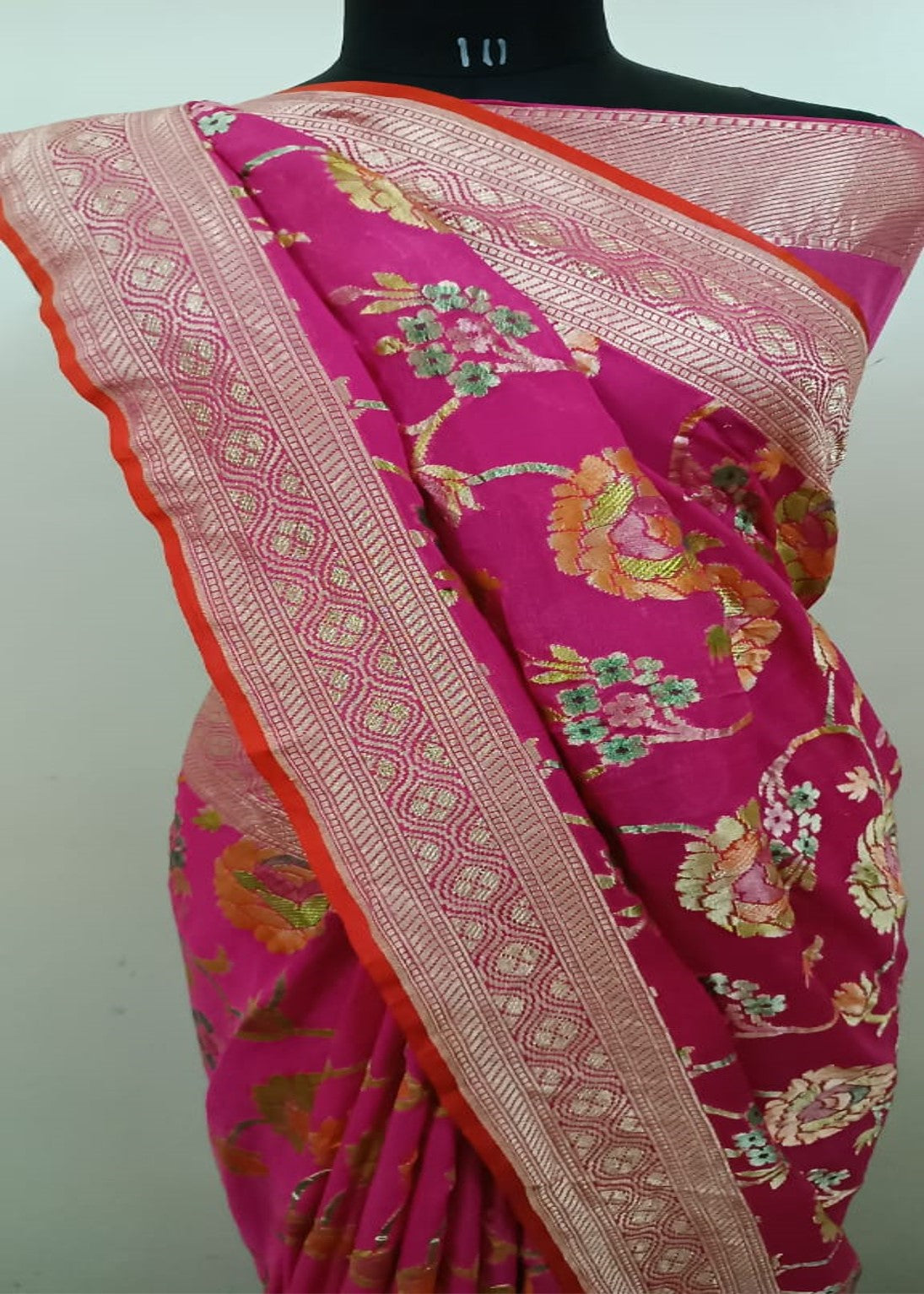 Water zari work khaddi banarasi saree in hot pink color