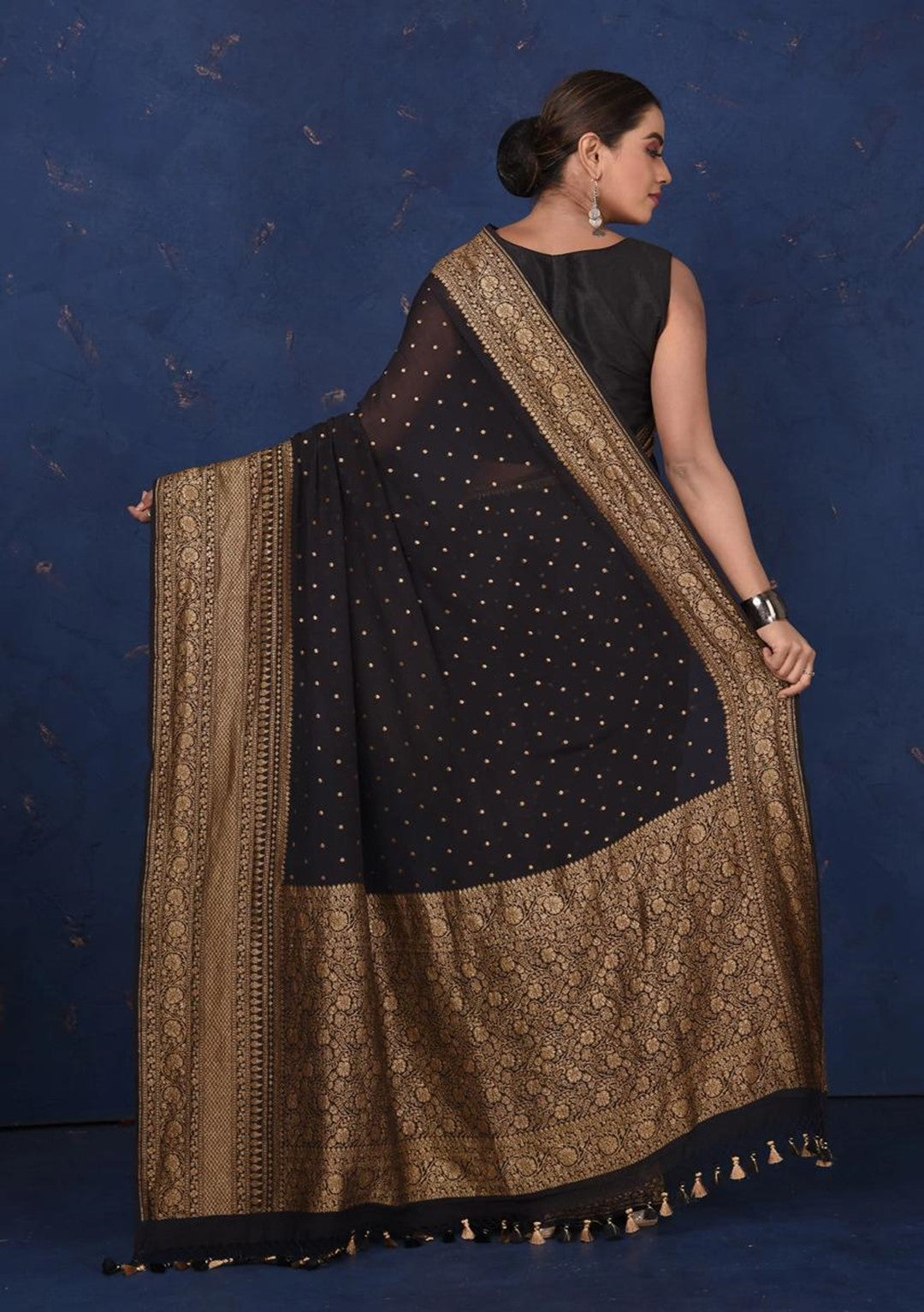 Black khaddi handloom saree with antique zari work