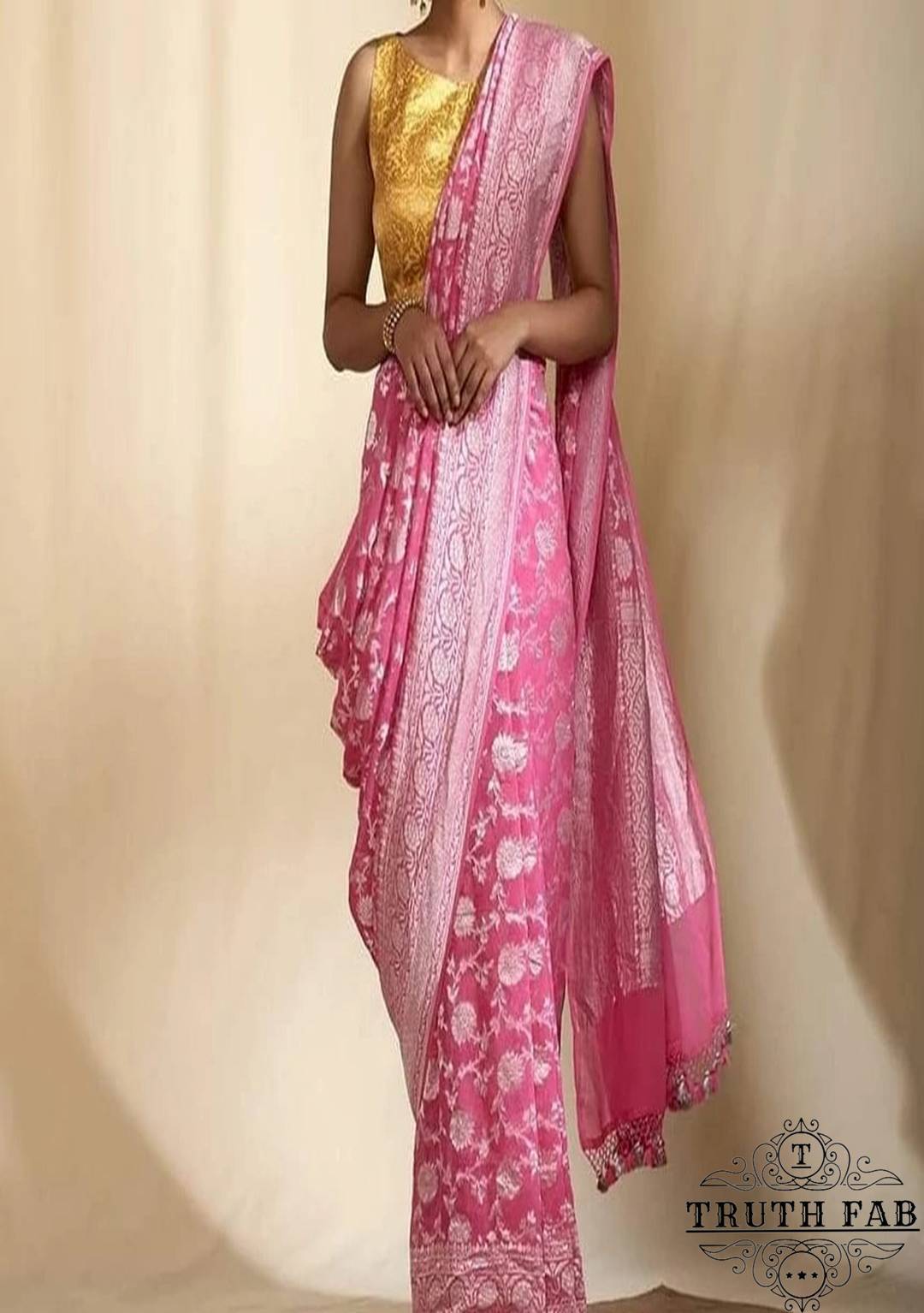 Baby pink khaddi banarasi handloom saree water zari work 