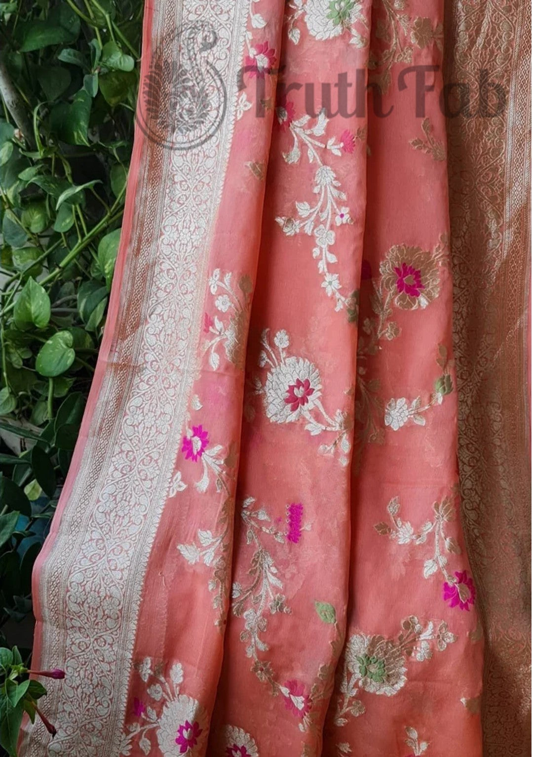 Peach Color Pure Banarasi Handloom Khaddi Georgette Saree- Meenakari