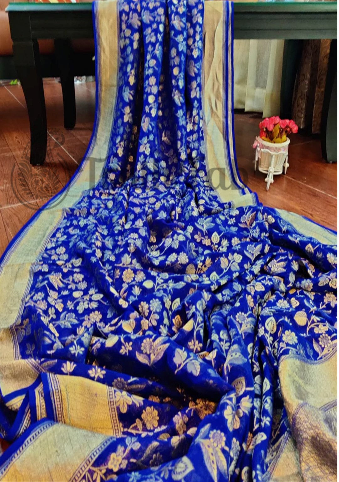 Cobalt Blue Pure Banarasi Handloom Khaddi Georgette Saree Water Zari