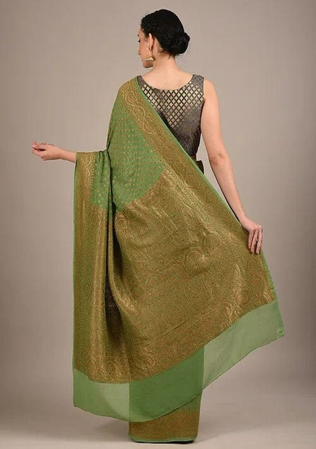 Pure banarasi handloom antique zari saree in apple green color