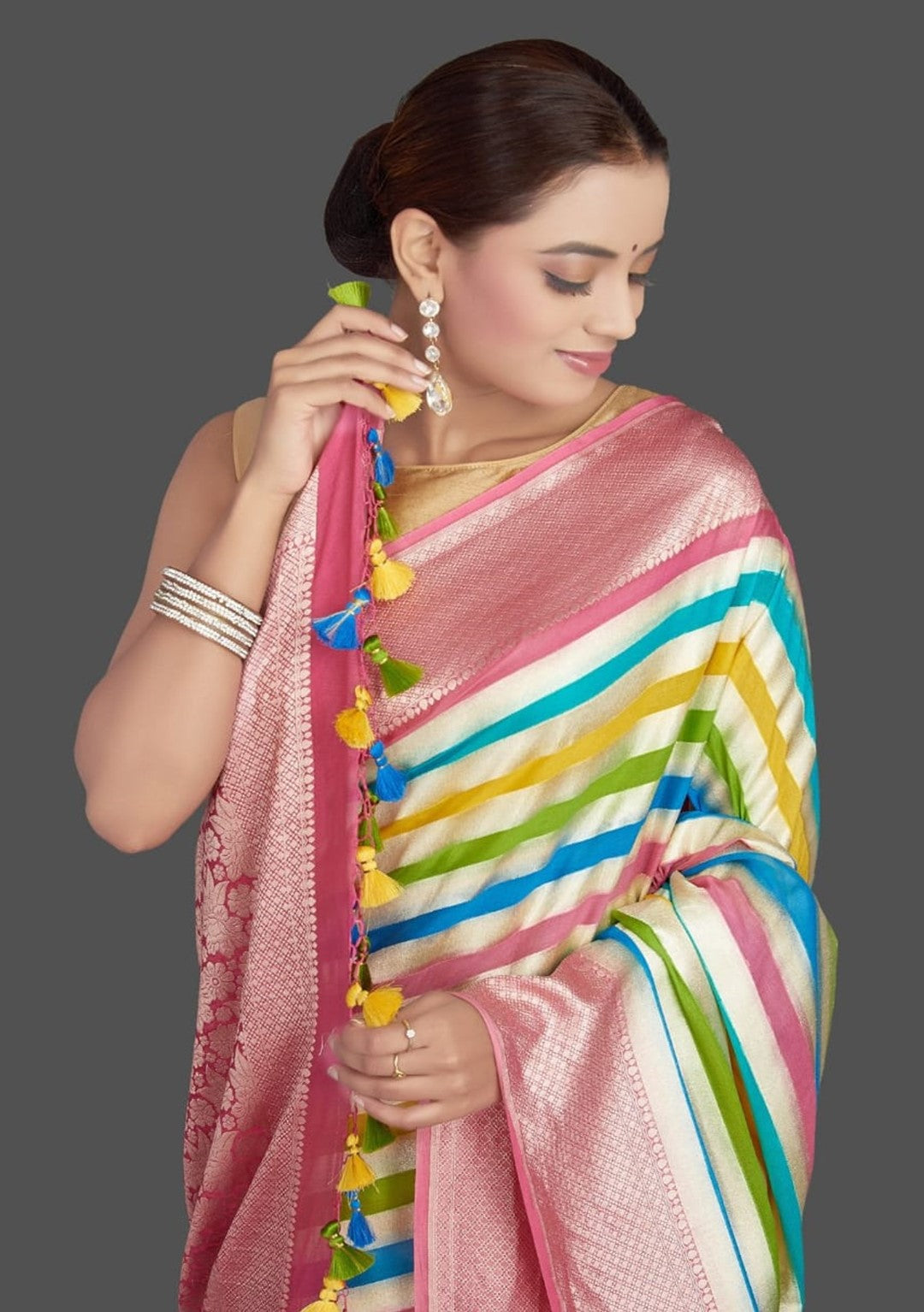 Multi-color khaddi handloom saree with water zari work