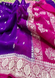 2D Shade Indigo Blue And Magenta Pink Pure Banarasi Handloom Chiffon Saree