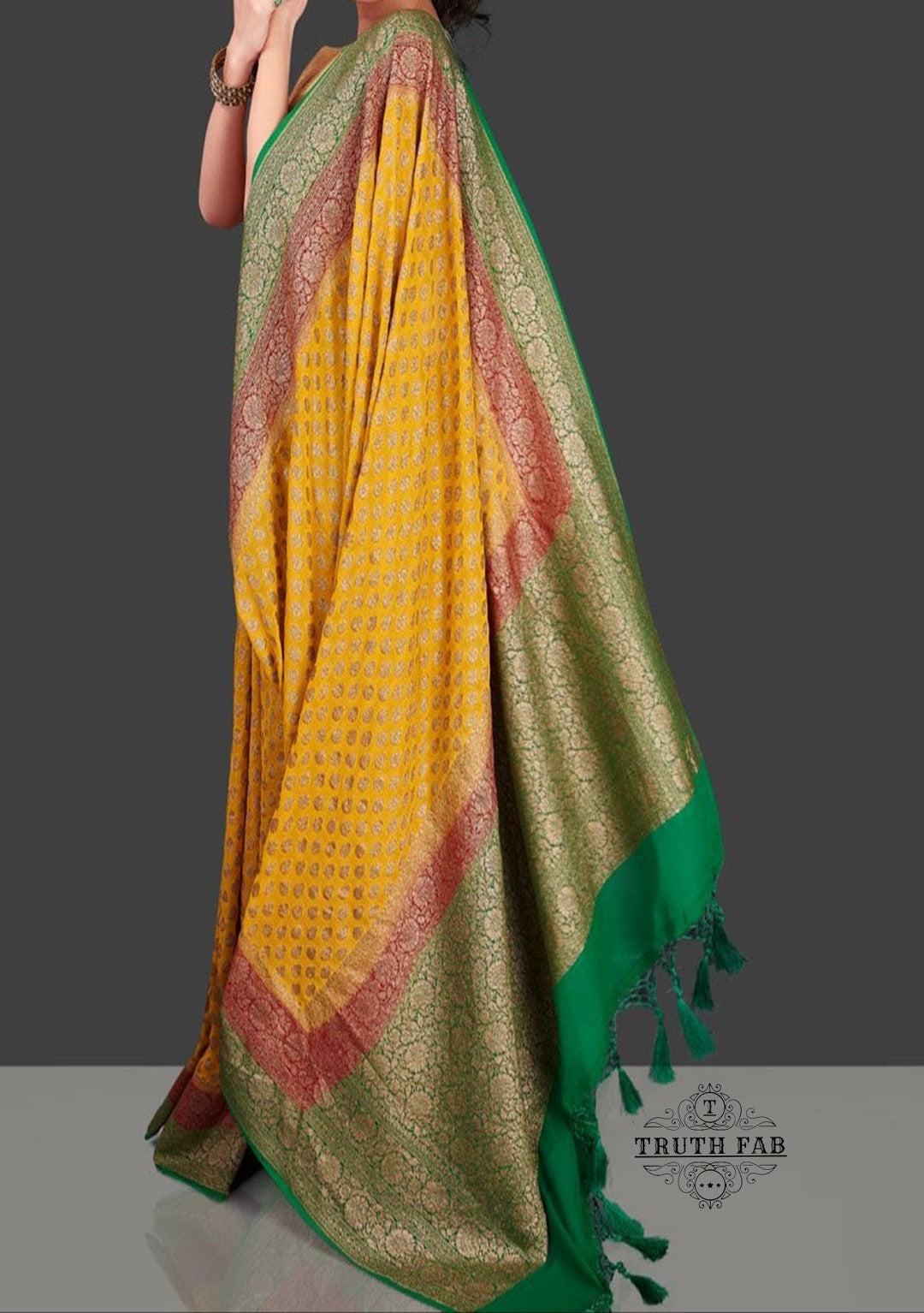 Antique zari work khaddi banarasi handloom saree in yellow color