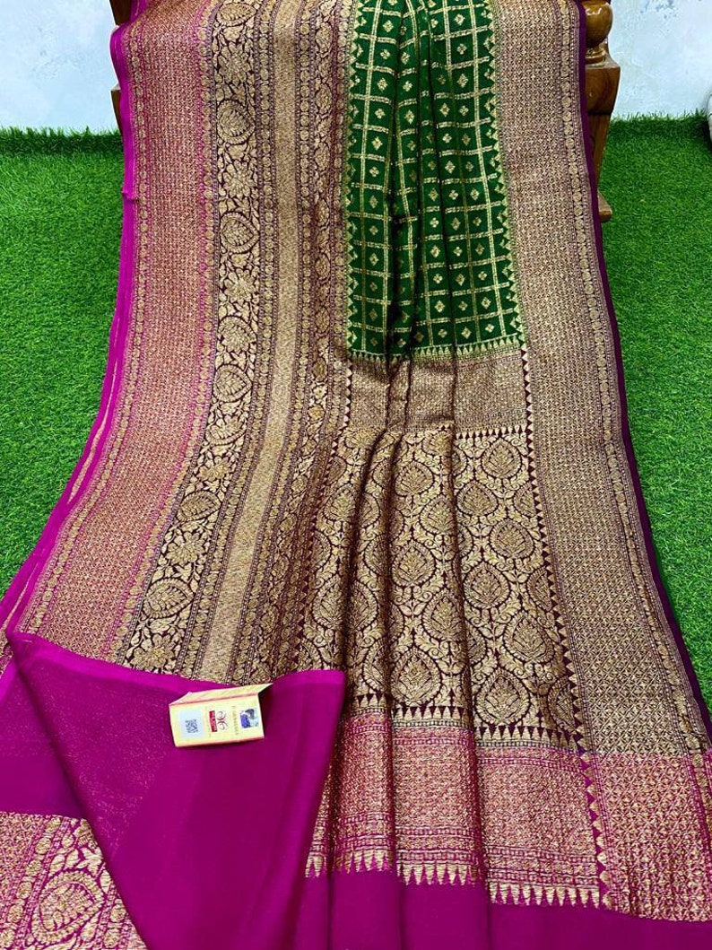 Green georgette banarasi handloom antique zari work saree
