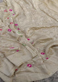Georgette khaddi saree in tussar colour. Saree has a delicate water zari border with Gorgeous unique Motifs near pallu. The entire saree is beautiful with water zari meenakari design. It is an elegant traditional Banarasi saree. Irresistible wedding collection. This Mesmerising Saree is a Combination of Elegance and Style.