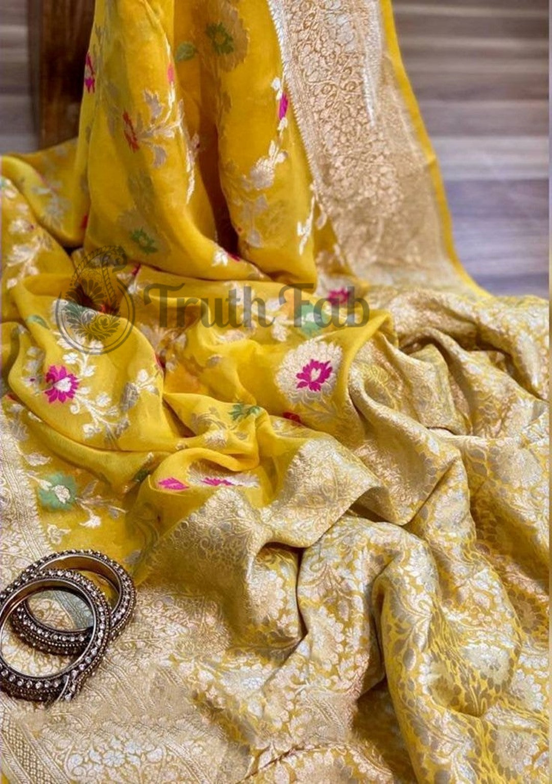 Yellow Pure Banarasi Handloom Khaddi Georgette Saree- Meenakari