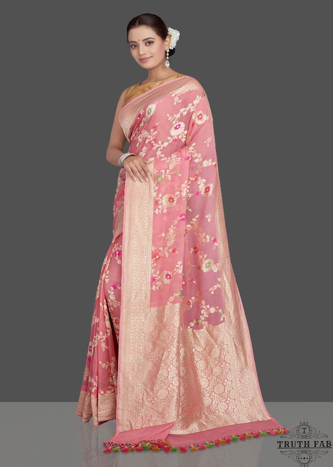 buy banarasi georgette saree with meenakari work in pink color