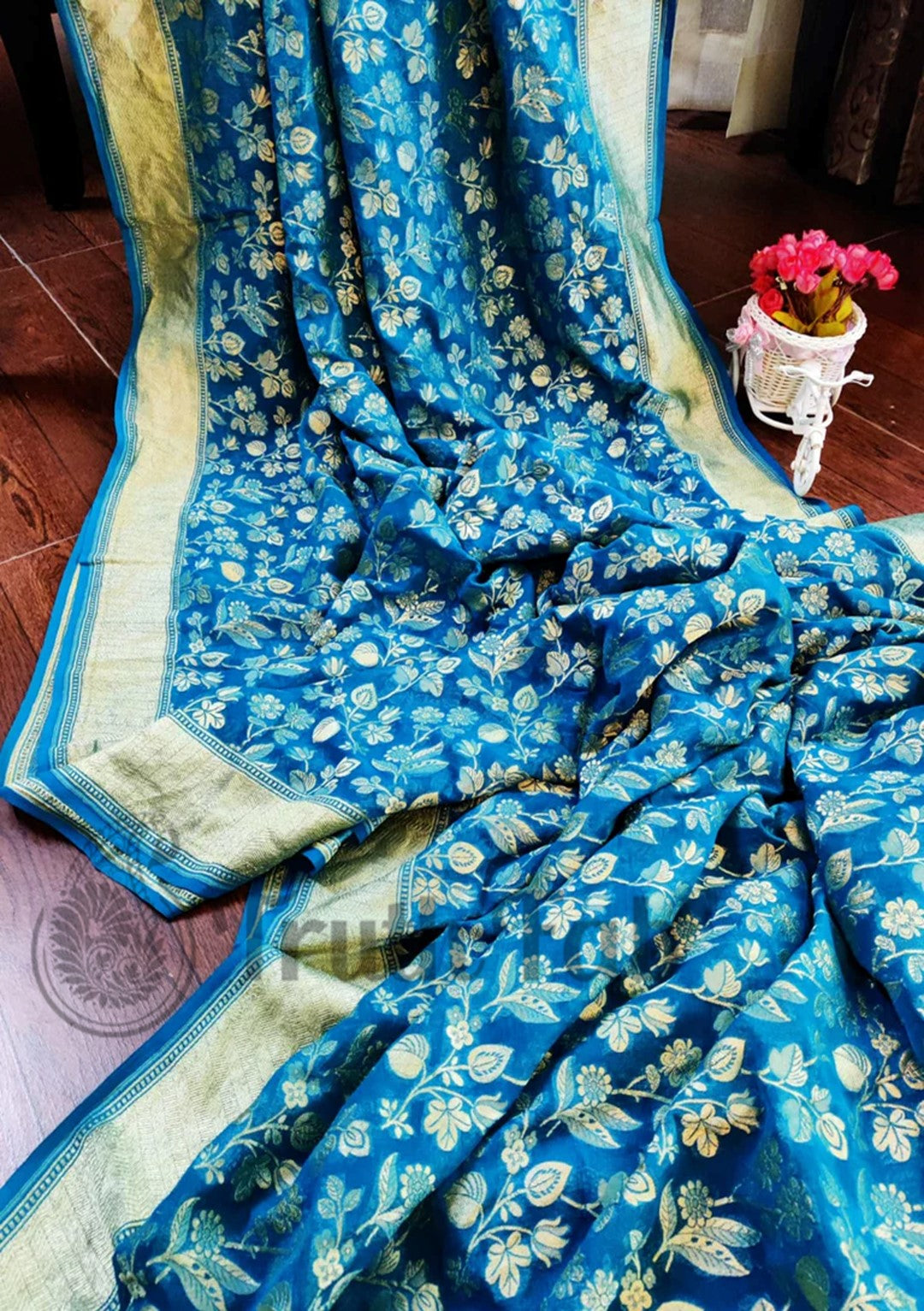 Azure Blue Pure Banarasi Handloom Khaddi Georgette Saree Water Zari