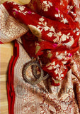 Candy Red Color Pure Banarasi Handloom Khaddi Georgette Saree- Meenakari