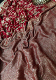 Cherry Red Pure Banarasi Handloom Khaddi Georgette Saree Antique Zari