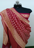 Handloom georgette banarasi saree in maroon color with antique zari work