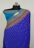 Cobalt Blue Pure Banarasi Handloom Khaddi Georgette Saree Antique Zari