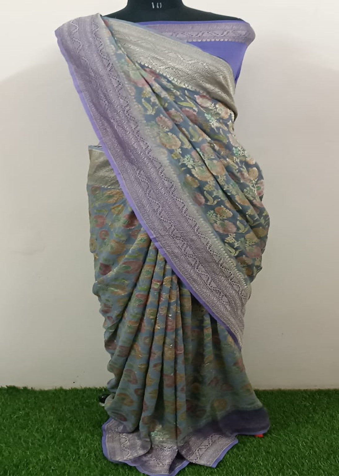 Water zari work khaddi handloom banarasi saree in sky blue