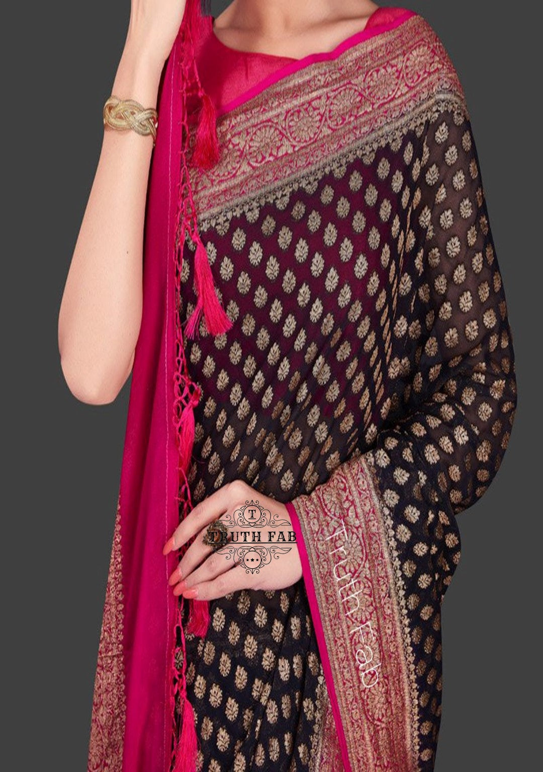 Georgette handloom banarasi saree in black color with antique zari work