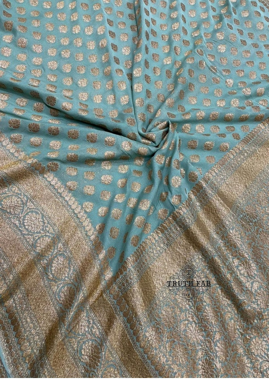 Sea blue georgette handloom banarasi saree with antique zari work