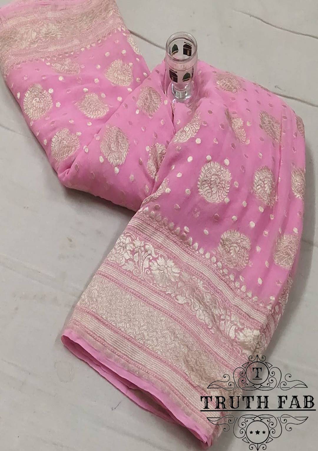 Baby pink khaddi handloom georgette saree water zari work