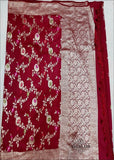Georgette khaddi saree in mahroon colour. Saree has a delicate water zari border with Gorgeous unique Motifs near pallu. The entire saree is beautiful with water zari meenakari design. It is an elegant traditional Banarasi saree. Irresistible wedding collection. This Mesmerising Saree is a Combination of Elegance and Style.